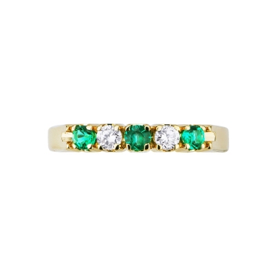 Yellow gold 18k 5 stones ring with diamonds and emeralds 