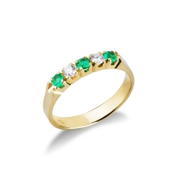 Yellow gold 18k 5 stones ring with diamonds and emeralds 