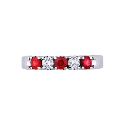 White gold 18k 5 stones half eternity ring with diamonds and rubies