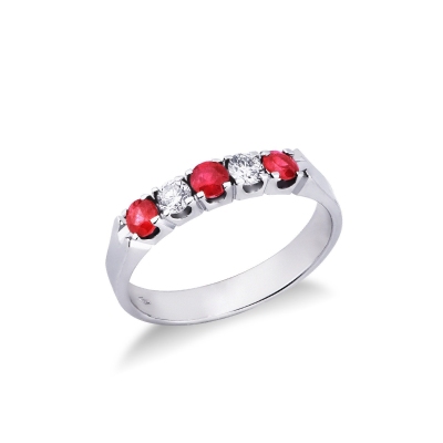 White gold 18k 5 stones half eternity ring with diamonds and rubies
