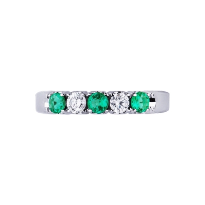 5 stones half eternity ring with diamonds and emeralds