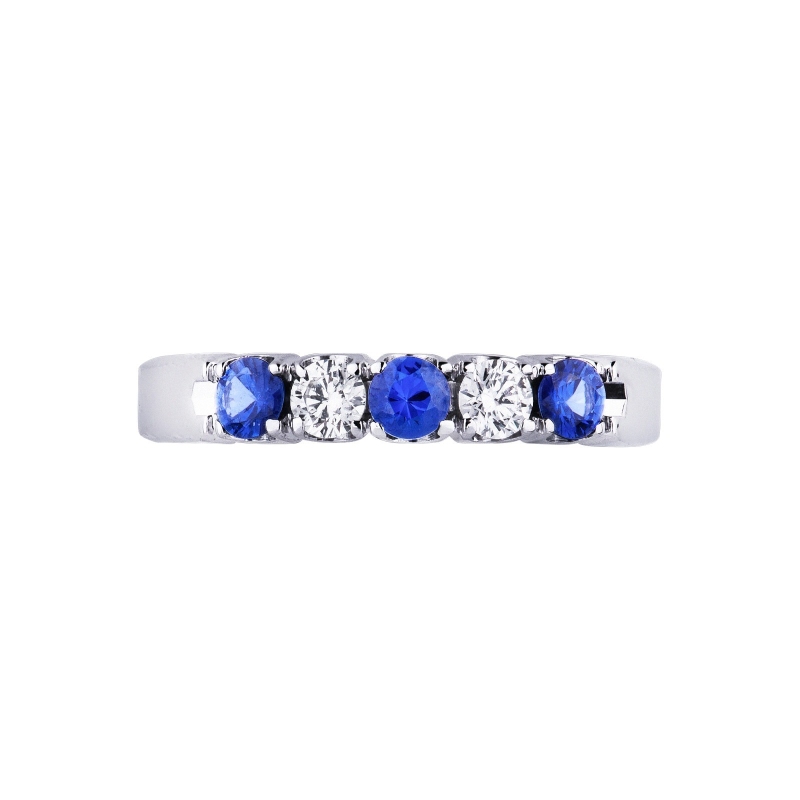 White gold 18k ring with two diamonds and three sapphires