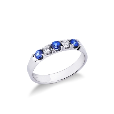 White gold 18k ring with two diamonds and three sapphires
