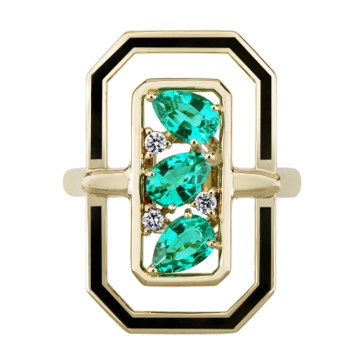 White gold 18k ring with 3 emeralds pear cut and diamonds 