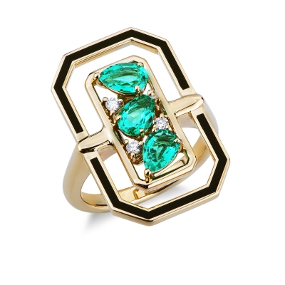 White gold 18k ring with 3 emeralds pear cut and diamonds 