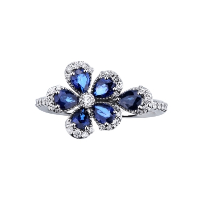 Anello fiore in oro bianco 18k con zaffiri blu e diamanti