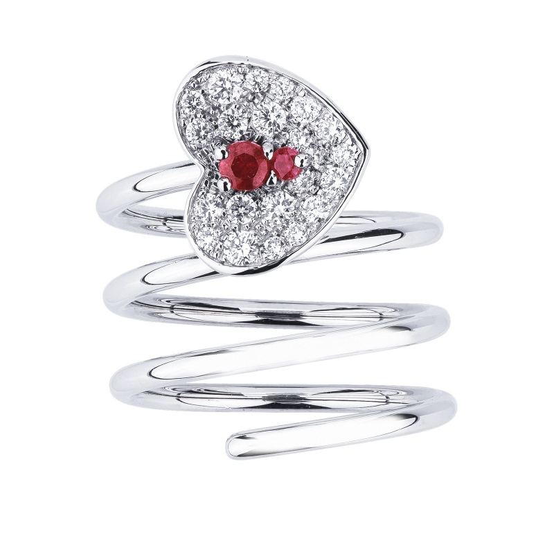 Spring ring in white gold 18k with diamonds and ruby heart cut