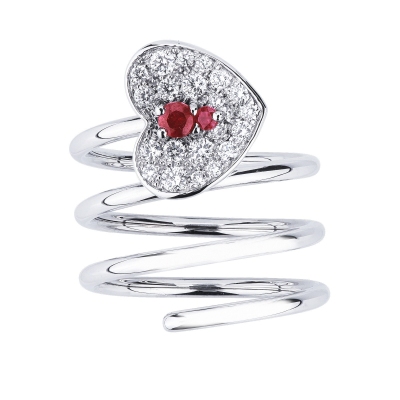 Spring ring in white gold 18k with diamonds and ruby heart cut