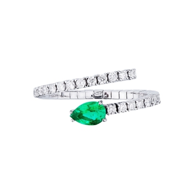White gold 18k spring ring with emeralds and diamonds 