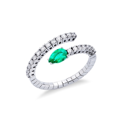 White gold 18k spring ring with emeralds and diamonds 