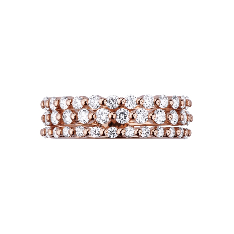 18k rosé gold ring with three joined rows of diamonds 