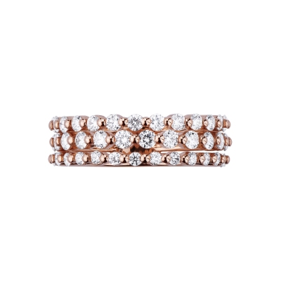 18k rosé gold ring with three joined rows of diamonds 