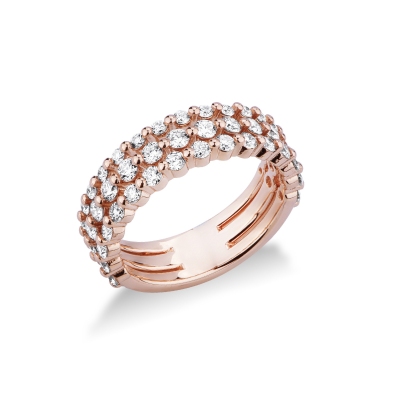 18k rosé gold ring with three joined rows of diamonds 