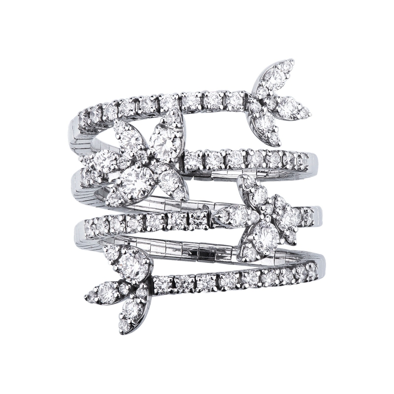 Anello a spirale in oro bianco 18k con navette e diamanti