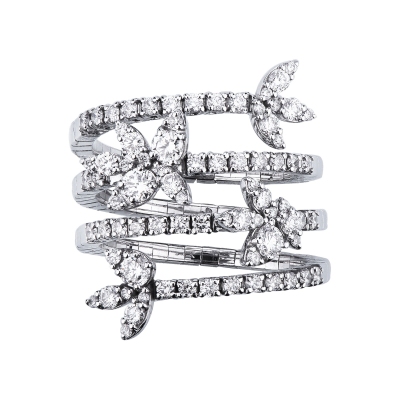 Anello a spirale in oro bianco 18k con navette e diamanti