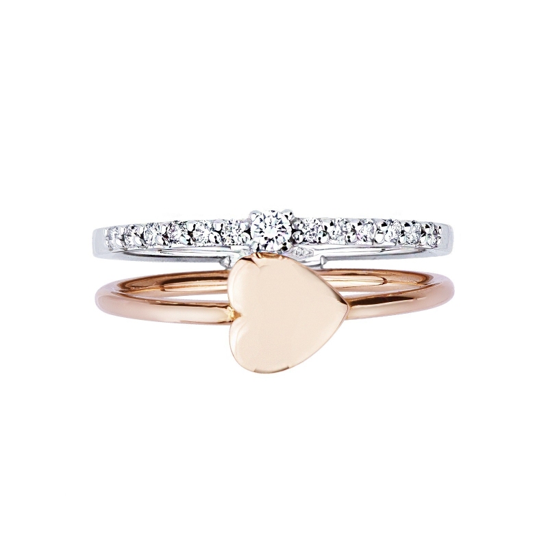 Rosé and white gold 18k double ring with two hearts and diamonds 