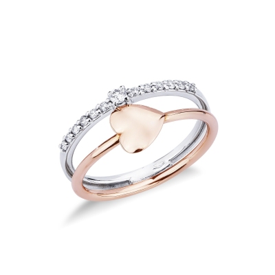 Rosé and white gold 18k double ring with two hearts and diamonds 