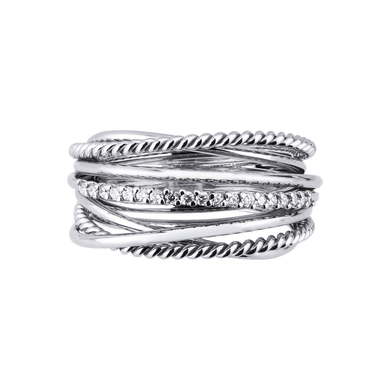 Band crossover ring in white gold 18k with diamonds 