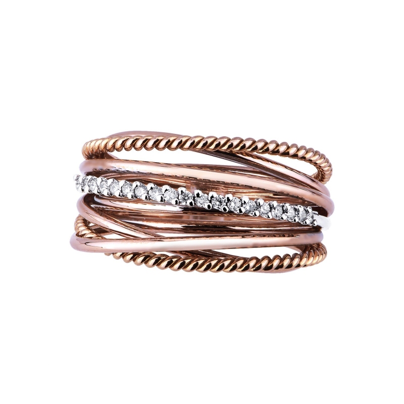 Band crossover ring with diamonds in white and rosé gold 18k