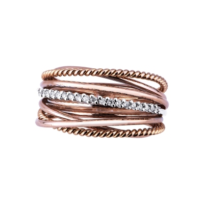 Band crossover ring with diamonds in white and rosé gold 18k