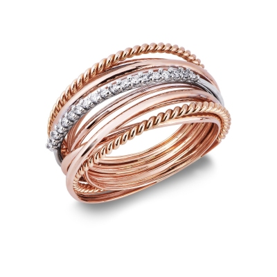 Band crossover ring with diamonds in white and rosé gold 18k
