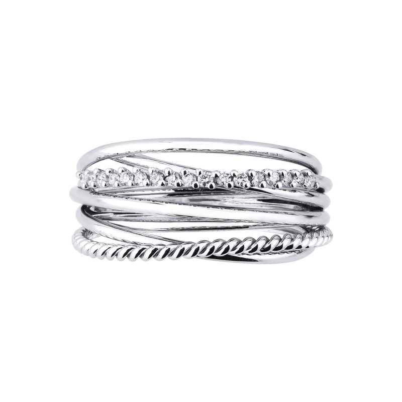 White gold 18k crossover band ring with diamonds 