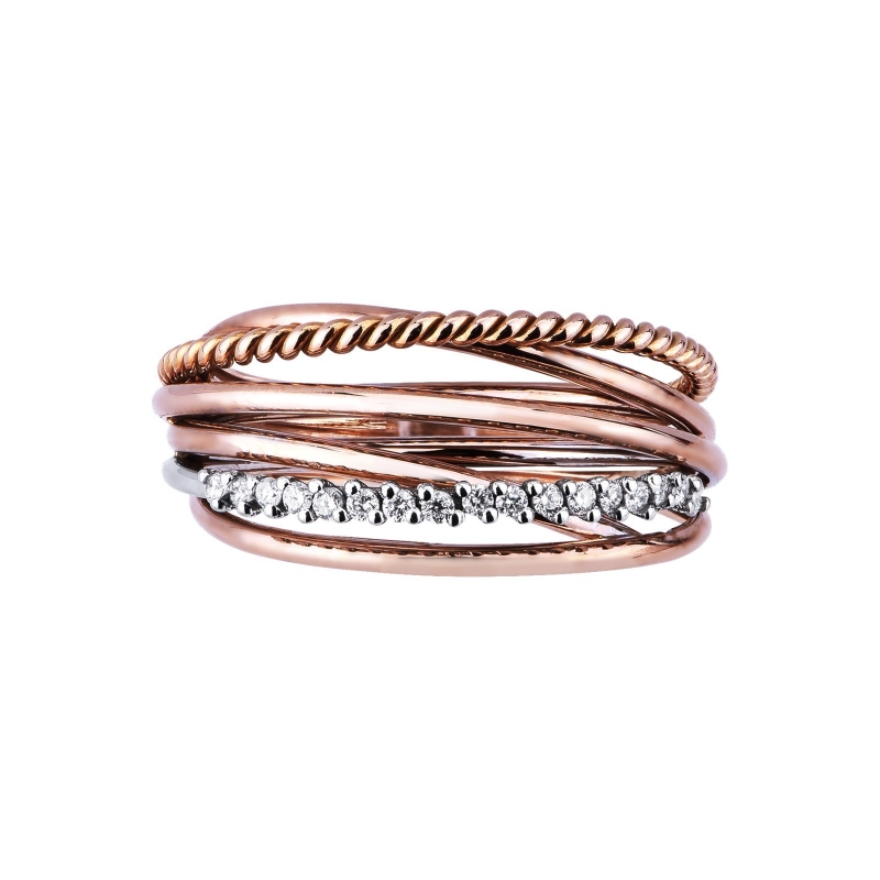 Crossover band ring with diamonds in white and rosé gold 18k