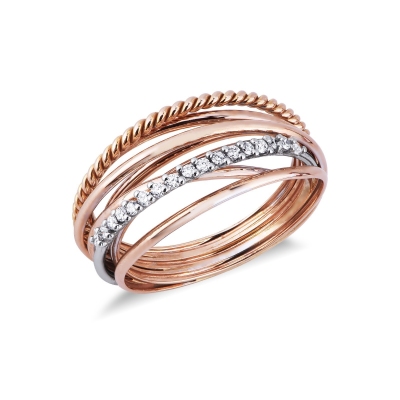 Crossover band ring with diamonds in white and rosé gold 18k