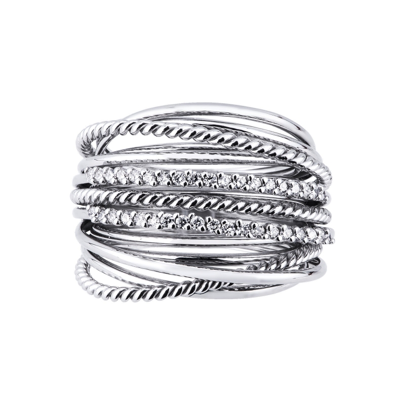 White gold 18k band braided wire ring with diamonds 