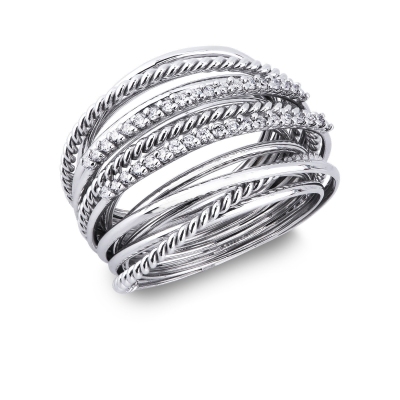 White gold 18k band braided wire ring with diamonds 