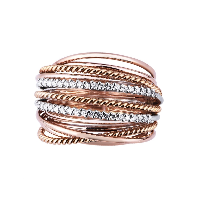 Band braided wire ring in rosé and white gold with diamonds