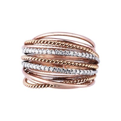 Band braided wire ring in rosé and white gold with diamonds
