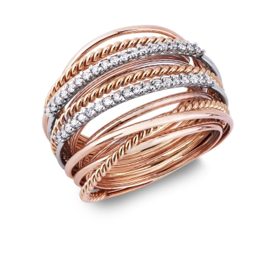 Band braided wire ring in rosé and white gold with diamonds