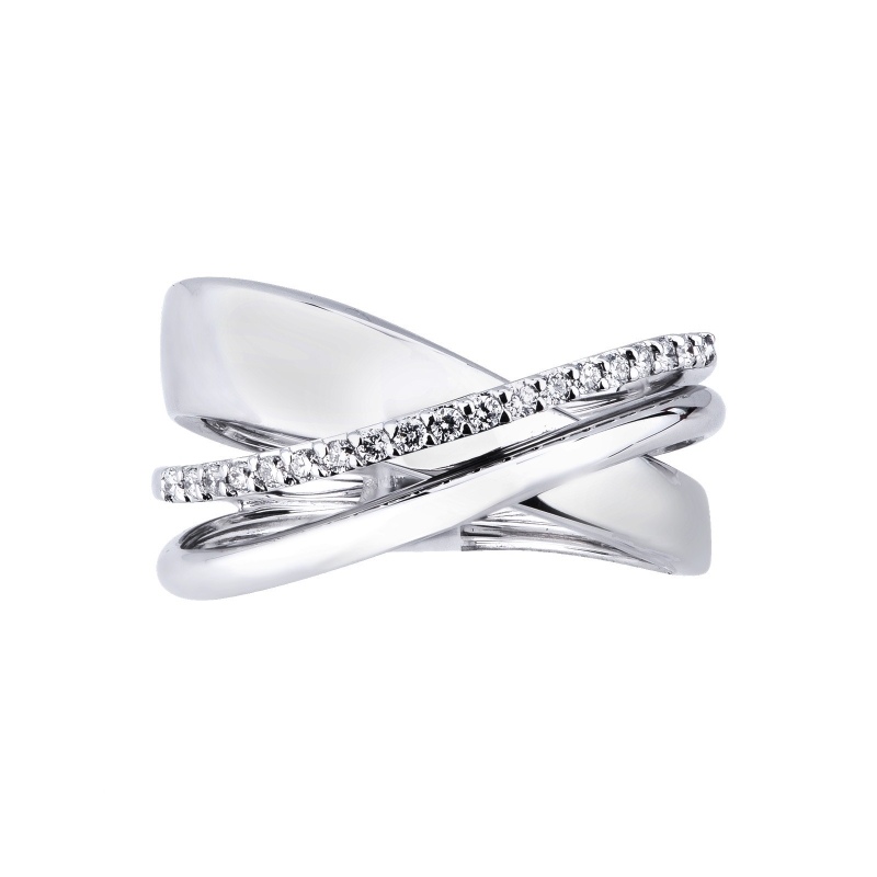 18k white gold crossover band ring with a row of diamonds 