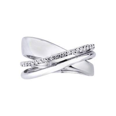 18k white gold crossover band ring with a row of diamonds 