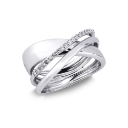 18k white gold crossover band ring with a row of diamonds 