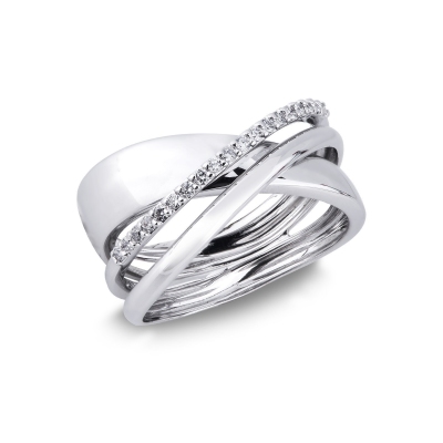 18k white gold crossover band ring with a row of diamonds 