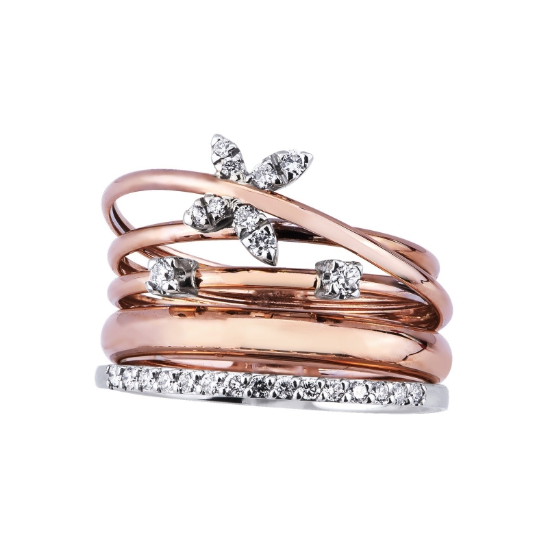 White and rosé gold 18k braided wire ring with diamonds