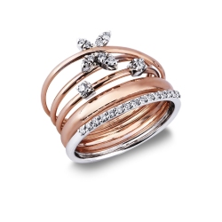 White and rosé gold 18k braided wire ring with diamonds