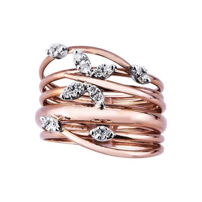 Braided wire band ring in white and rosé gold 18k with diamonds 