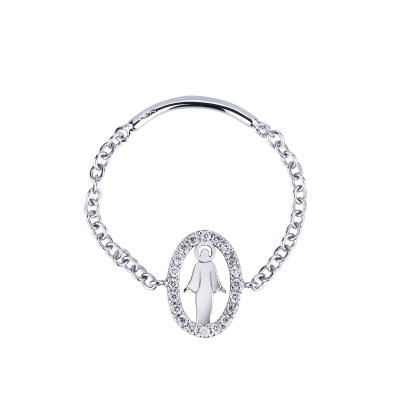 White gold 18k soft link chain ring with the Madonna and diamonds 