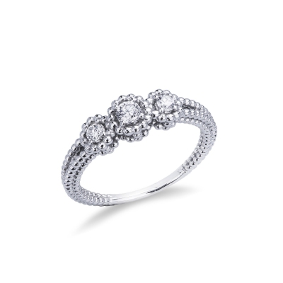 Trilogy ring with wrought shank and diamonds 