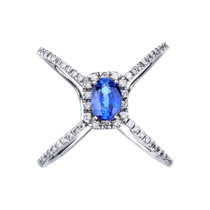 Criss cross ring white gold 18k with a blue sapphire and diamonds 