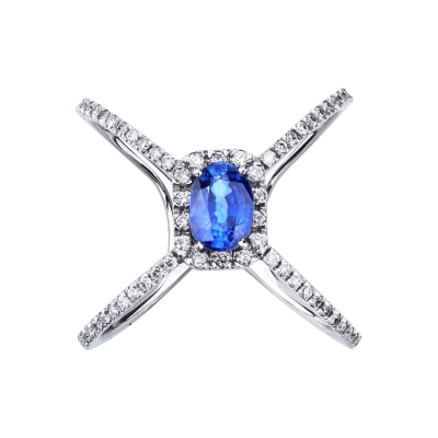 Criss cross ring white gold 18k with a blue sapphire and diamonds 