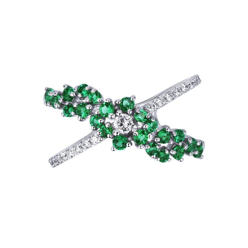 18K white gold criss cross ring with diamonds and emeralds 