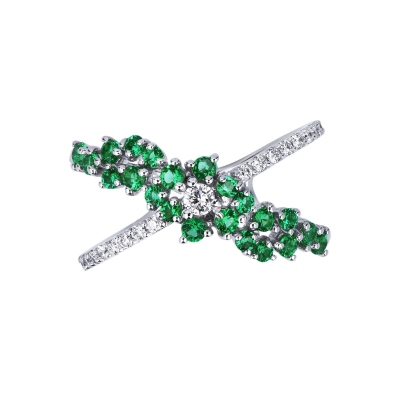 18K white gold criss cross ring with diamonds and emeralds 