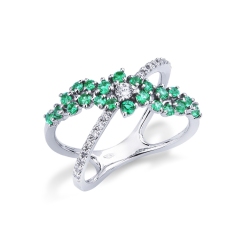 18K white gold criss cross ring with diamonds and emeralds 