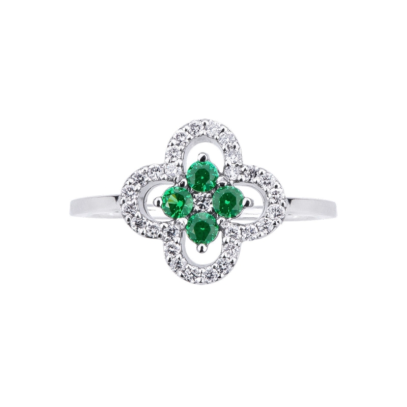 Flower ring in white gold 18k with diamonds and emeralds 