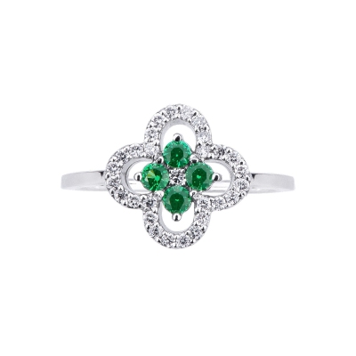 Flower ring in white gold 18k with diamonds and emeralds 