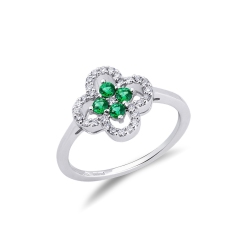 Flower ring in white gold 18k with diamonds and emeralds 